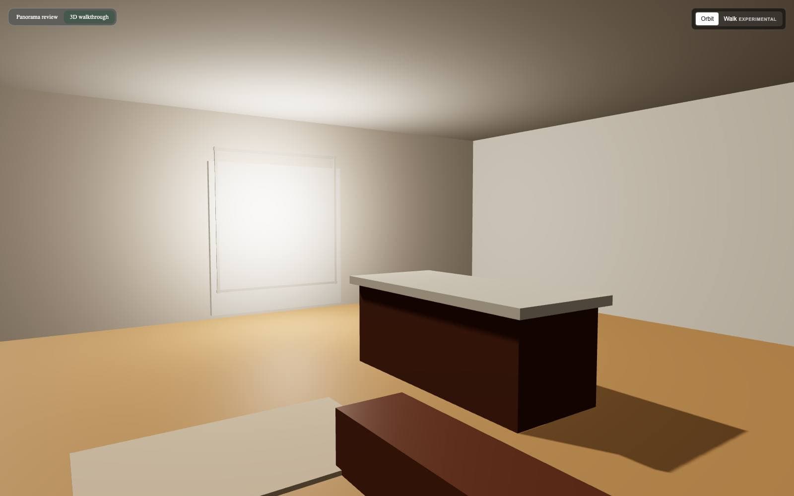 ArchWalk browser-based 3D walkthrough of an architectural interior, with Panorama review and Orbit or Walk controls