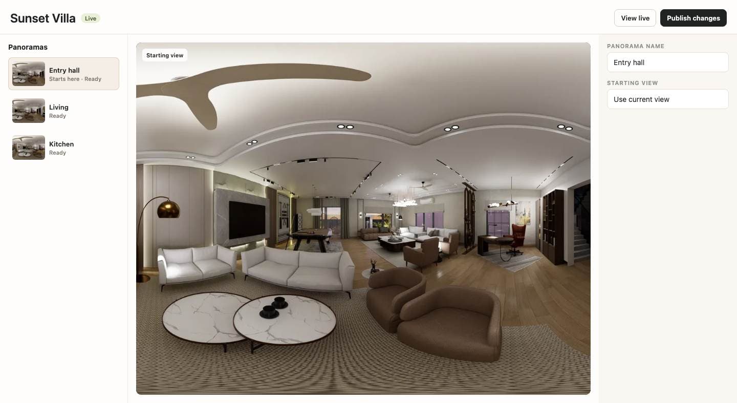 ArchWalk 360 embedded Creator for Sunset Villa, with panorama list, preview, Starting view and Publish