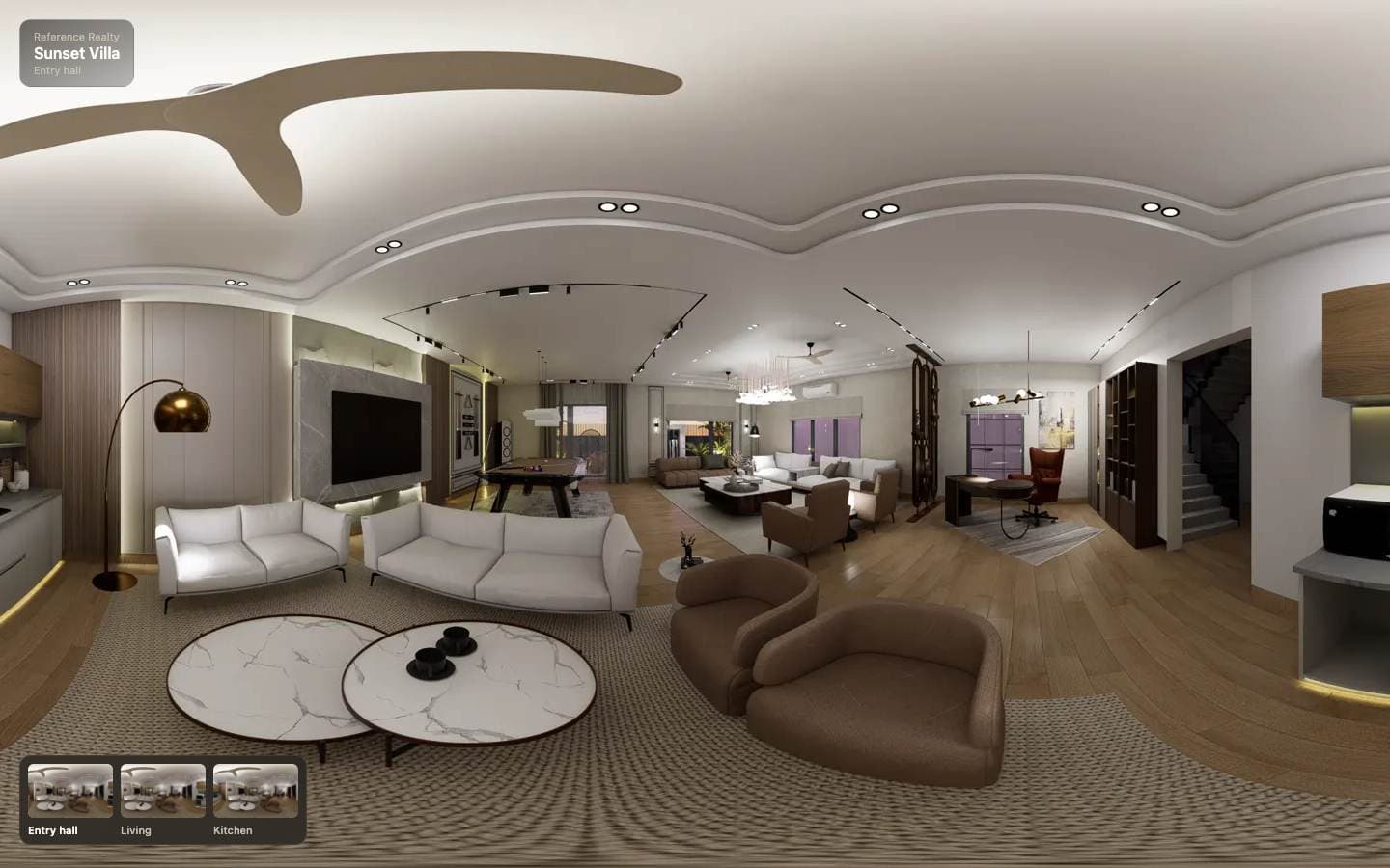 ArchWalk 360 customer Viewer showing an immersive Sunset Villa panorama with multi-view thumbnails